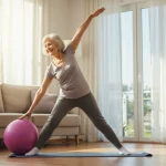 Idosa sorridente realizando alongamento suave em sala bem iluminada, simbolizando a importância da atividade física para a mobilidade.