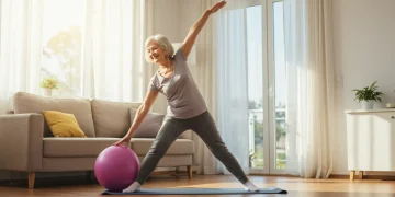 Idosa sorridente realizando alongamento suave em sala bem iluminada, simbolizando a importância da atividade física para a mobilidade.