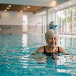Idosa sorrindo enquanto nada em piscina coberta, demonstrando os benefícios da natação para a saúde articular.