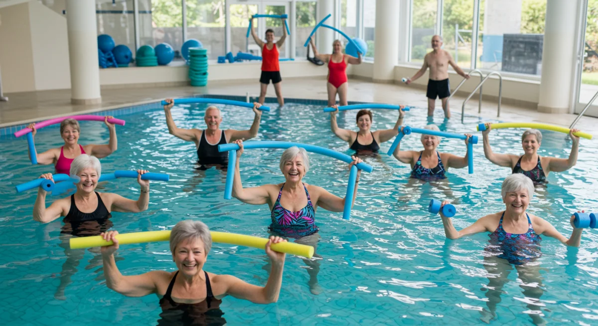 Grupo de idosos praticando exercícios aquáticos em piscina, com sorriso no rosto, destacando a importância da comunidade e do bem-estar.
