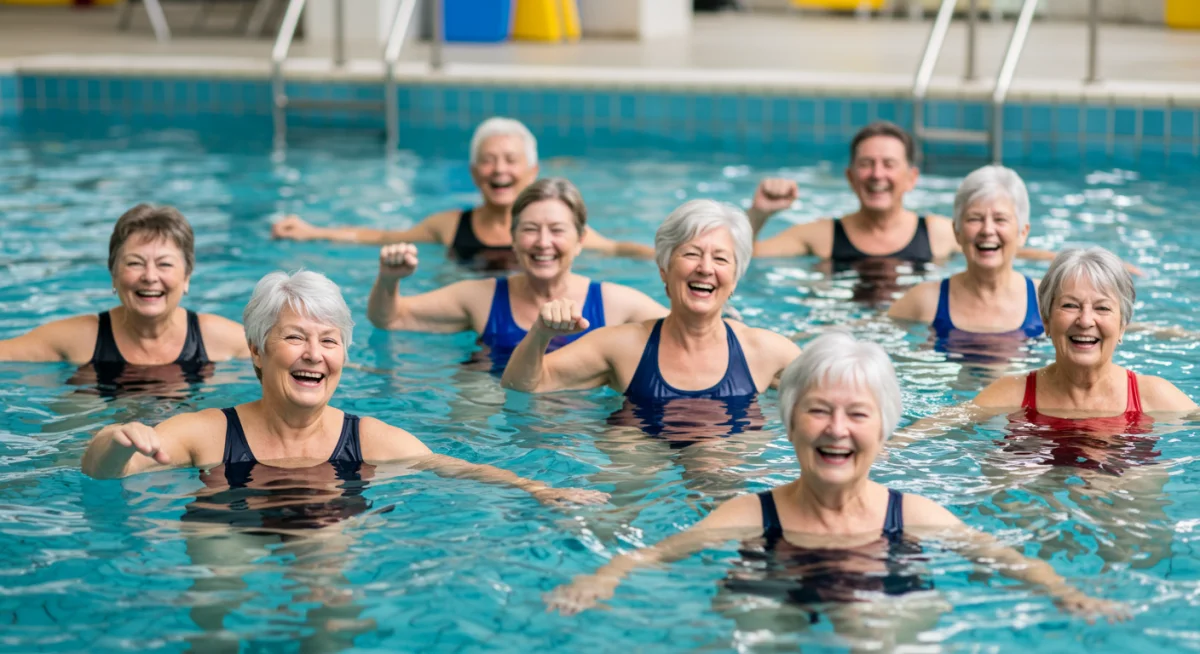Grupo de idosos praticando hidroginástica, demonstrando a alegria e os benefícios dos exercícios aquáticos de baixo impacto.