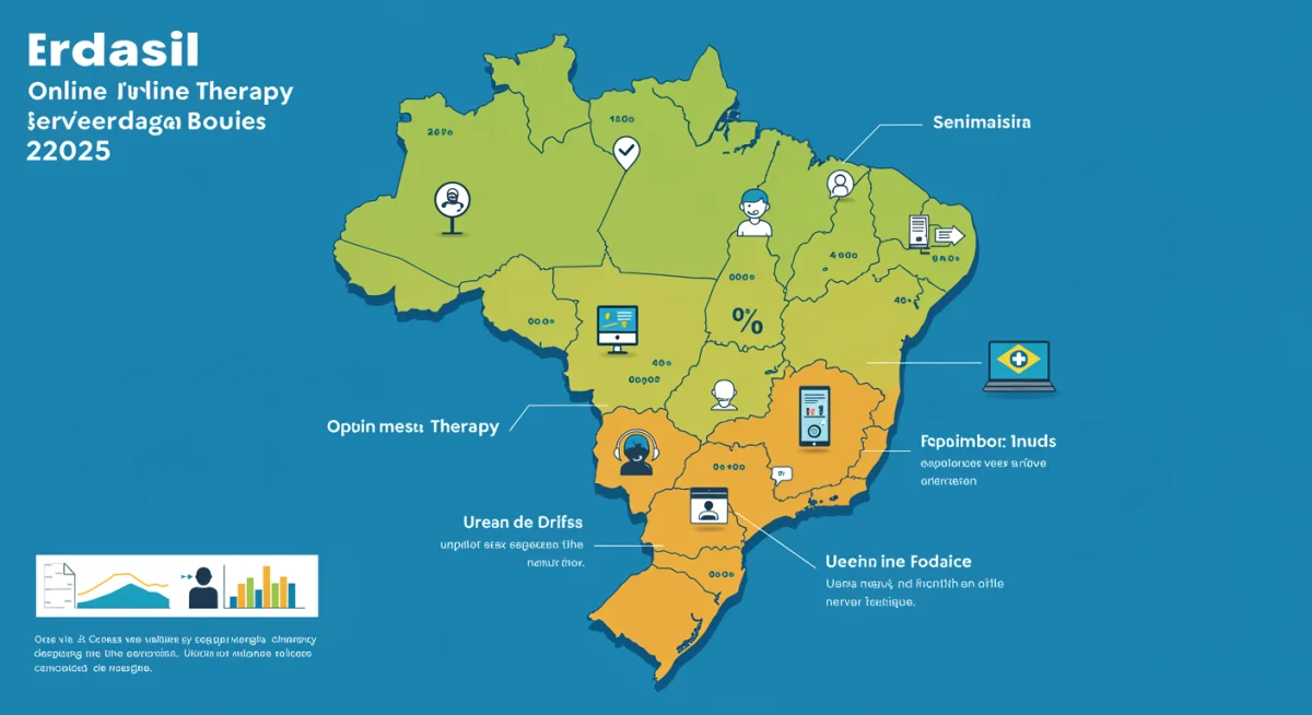 Infográfico sobre a expansão e acessibilidade da terapia online no Brasil em diferentes regiões em 2025.