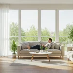 Luz Natural e Bem-Estar: Otimize sua Exposição para 2025 Sala de estar moderna com muita luz natural, pessoa lendo em um sofá e plantas verdes.