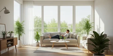 Sala de estar moderna com muita luz natural, pessoa lendo em um sofá e plantas verdes.