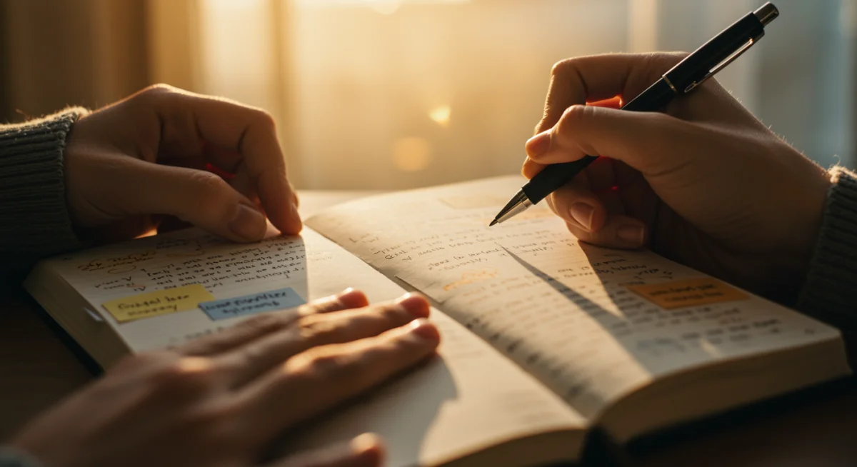 Mão escrevendo em um diário de gratidão, com caneta e notas manuscritas, simbolizando a prática diária.