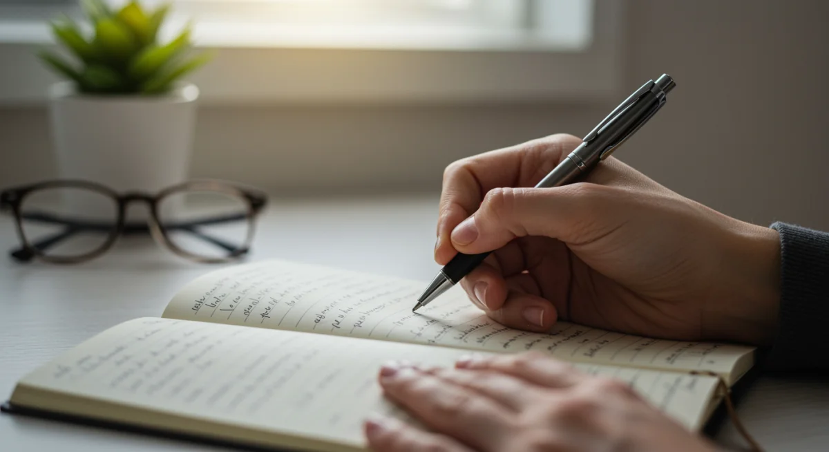 Mão segurando uma caneta sobre um diário aberto com anotações manuscritas, simbolizando o processo de escrita e reflexão pessoal.