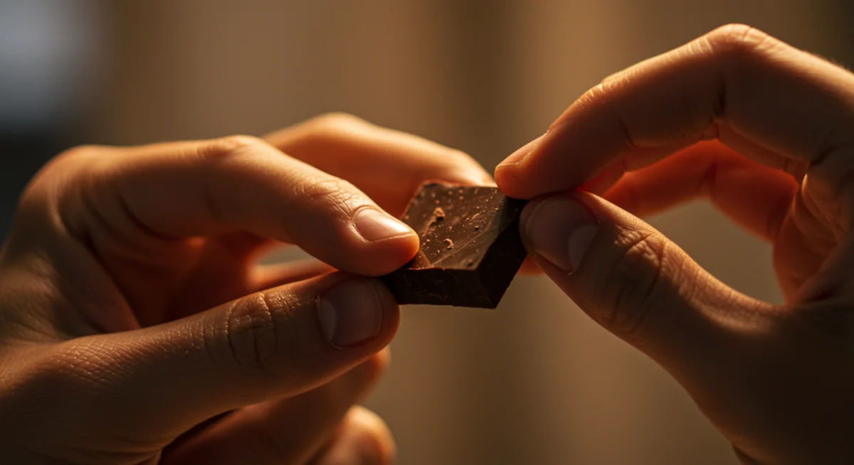 Mão segurando chocolate amargo, praticando a observação atenta do alimento.