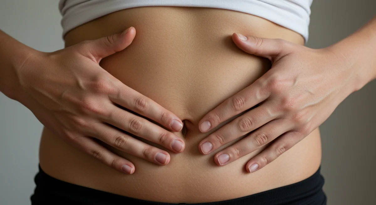 Mãos sobre o abdômen demonstrando respiração diafragmática profunda