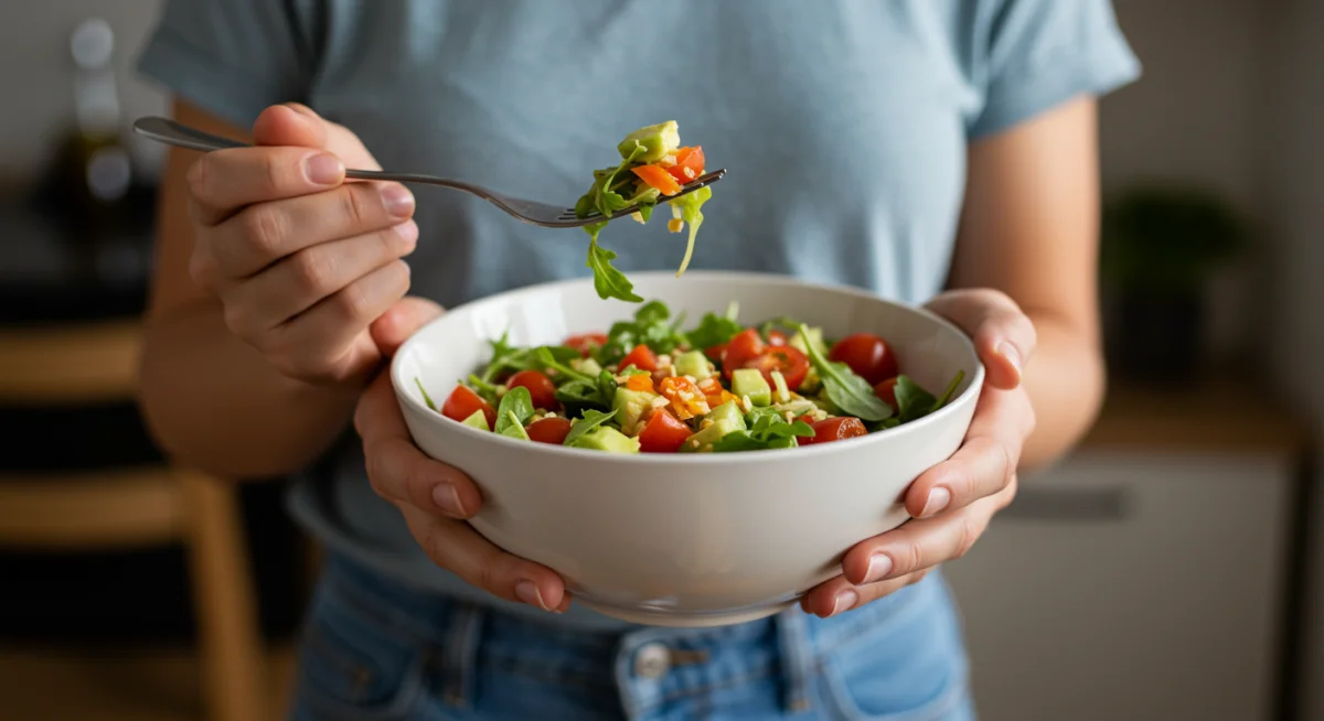 Mãos segurando uma tigela de salada colorida, destacando a frescura e o ato de comer com atenção plena.
