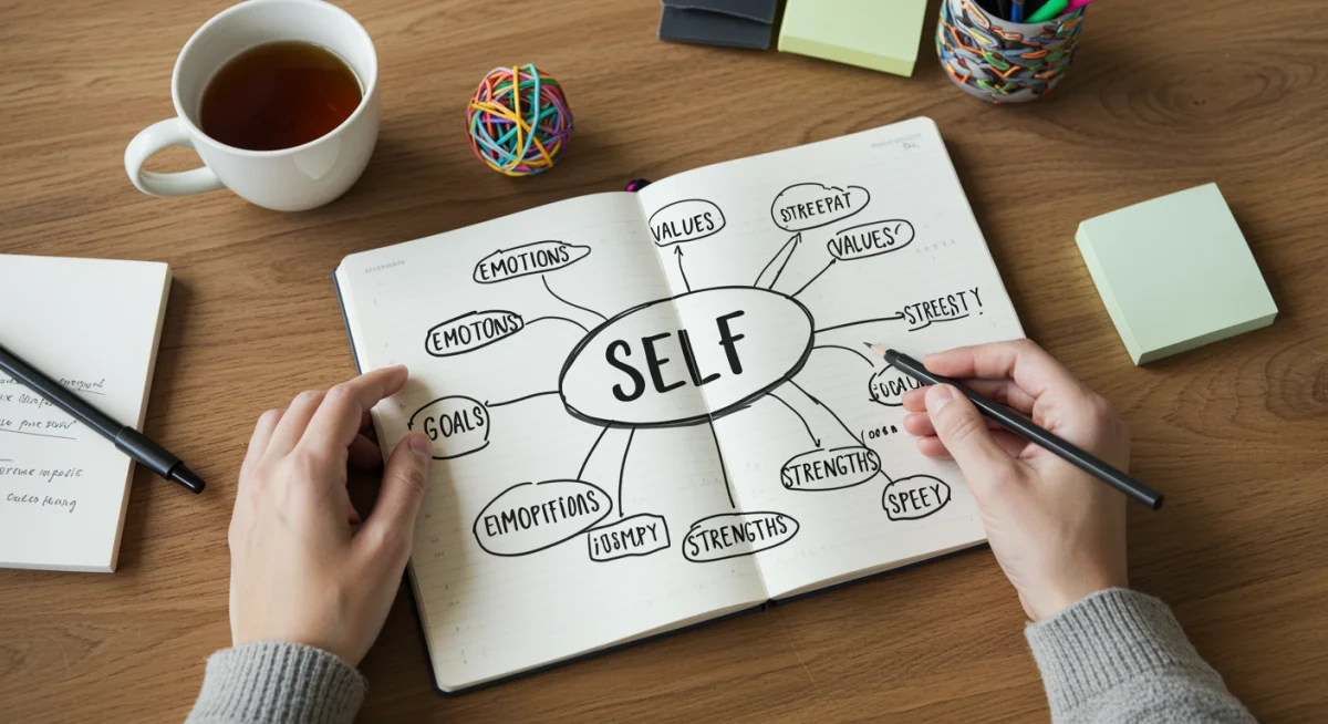 Pessoa desenhando mapa mental sobre autoconhecimento e valores pessoais.