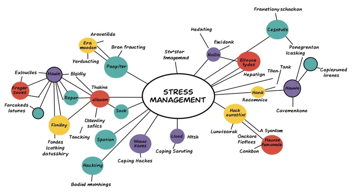 Mapa mental ilustrando gatilhos de estresse e estratégias de gerenciamento interconectadas.