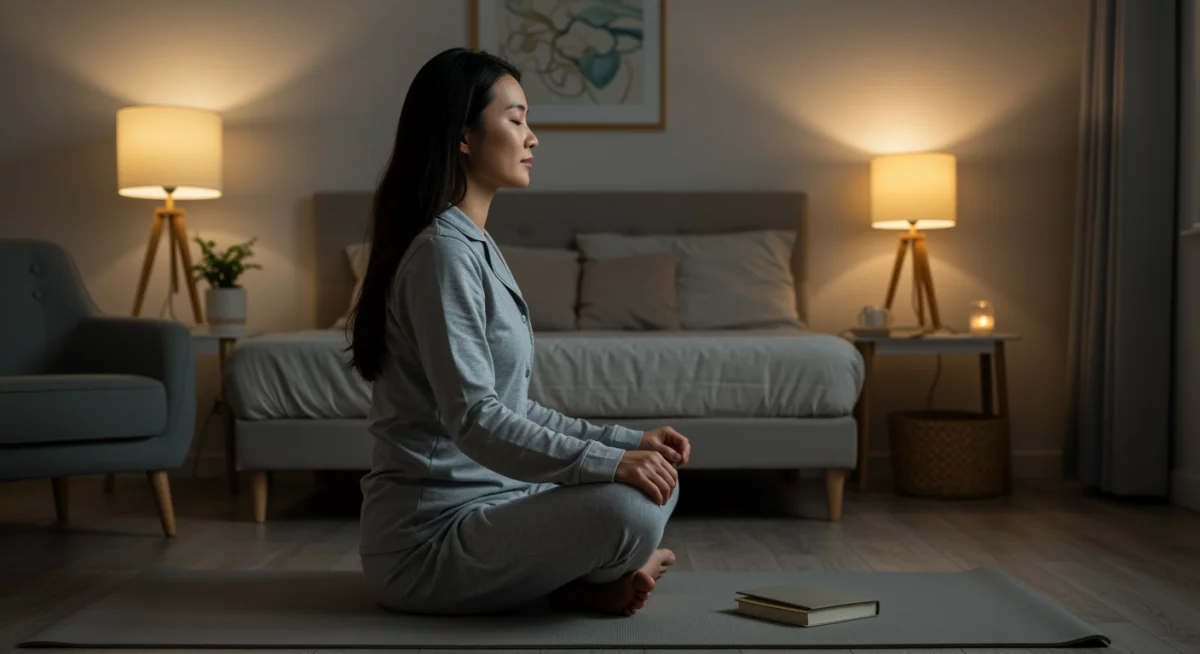 Pessoa praticando meditação ou alongamento leve antes de dormir, promovendo relaxamento e um sono melhor.