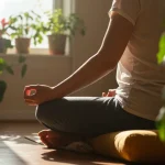 Pessoa meditando em um ambiente tranquilo com luz natural e plantas