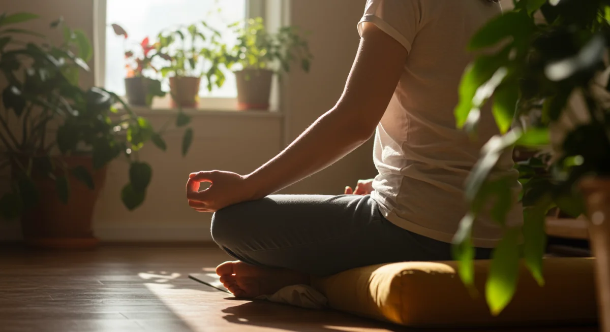 Pessoa meditando em um ambiente tranquilo com luz natural e plantas