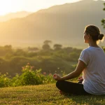Pessoa meditando em um ambiente tranquilo ao nascer do sol, simbolizando a paz da atenção plena.