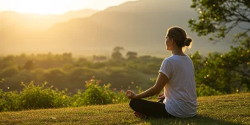 Pessoa meditando em um ambiente tranquilo ao nascer do sol, simbolizando a paz da atenção plena.