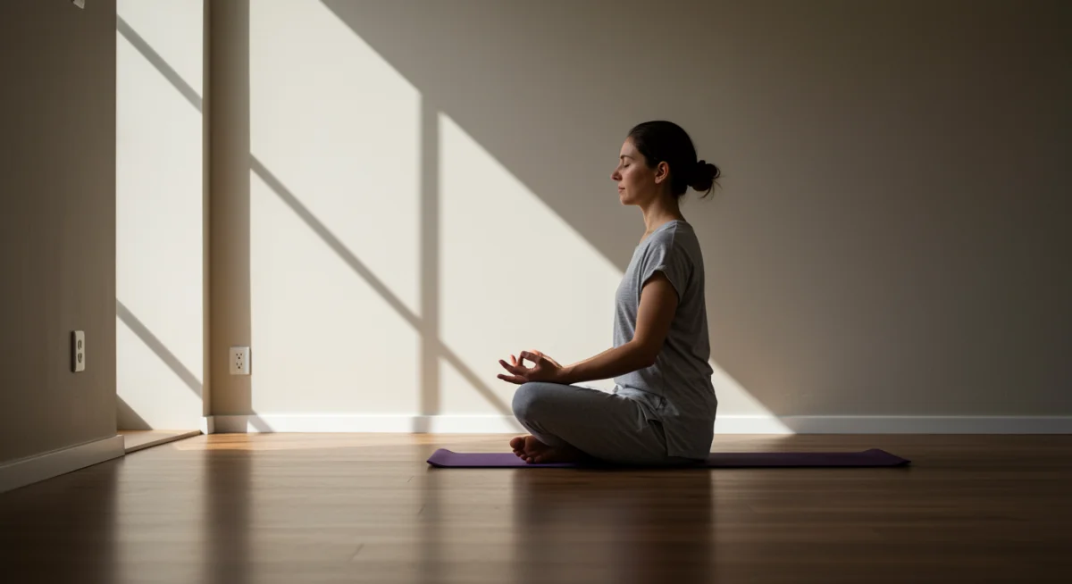 Pessoa meditando tranquilamente em um espaço minimalista com luz natural, transmitindo paz e foco interior.