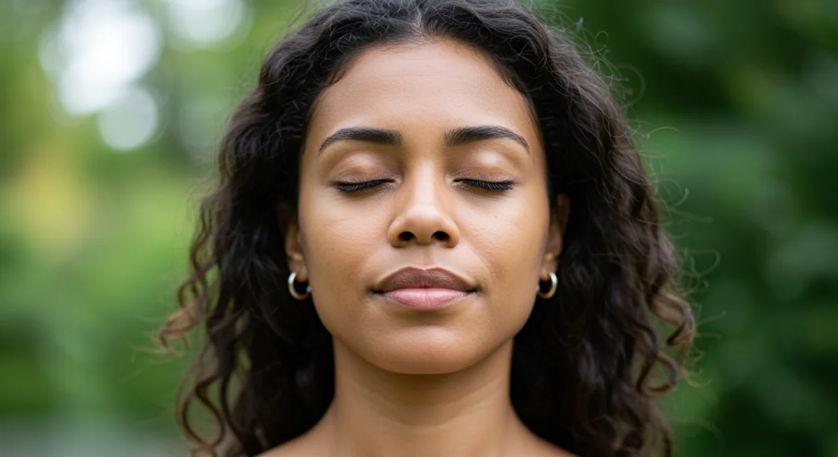 Pessoa meditando em um ambiente natural, simbolizando a paz e clareza mental alcançadas pela desconexão digital.