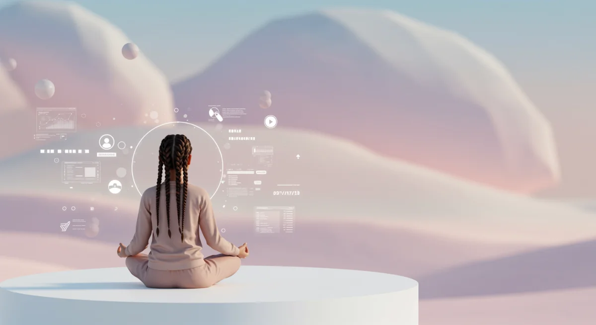 Pessoa meditando em um ambiente digital calmo, simbolizando a desintoxicação digital e clareza mental.