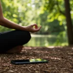 Pessoa meditando em ambiente natural, com celular ao lado, simbolizando desintoxicação digital e bem-estar.