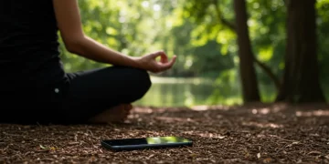 Pessoa meditando em ambiente natural, com celular ao lado, simbolizando desintoxicação digital e bem-estar.