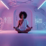 Pessoa meditando em um ambiente futurista, simbolizando inteligência emocional e adaptabilidade.