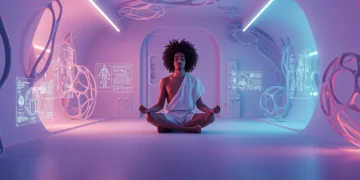 Pessoa meditando em um ambiente futurista, simbolizando inteligência emocional e adaptabilidade.