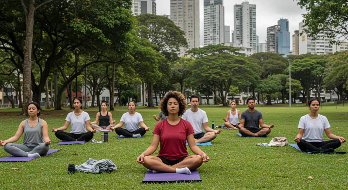 Pessoas em grupo praticando meditação ao ar livre em um parque urbano no Brasil, com árvores e edifícios ao fundo.