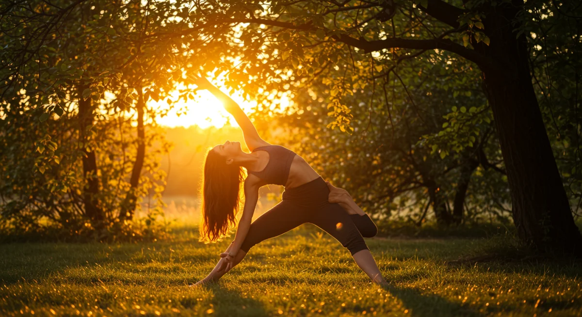 Pessoa meditando ao ar livre durante o nascer do sol, conectando-se com a natureza e a luz natural.