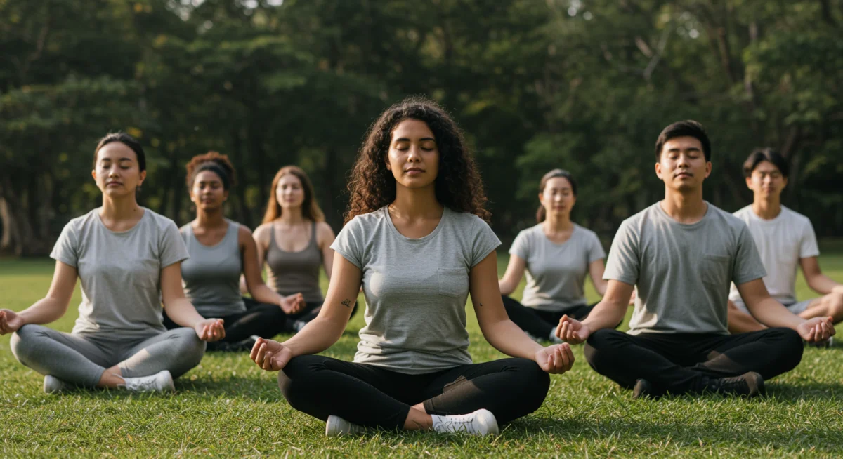 Grupo praticando meditação ao ar livre, promovendo clareza mental e redução do estresse.