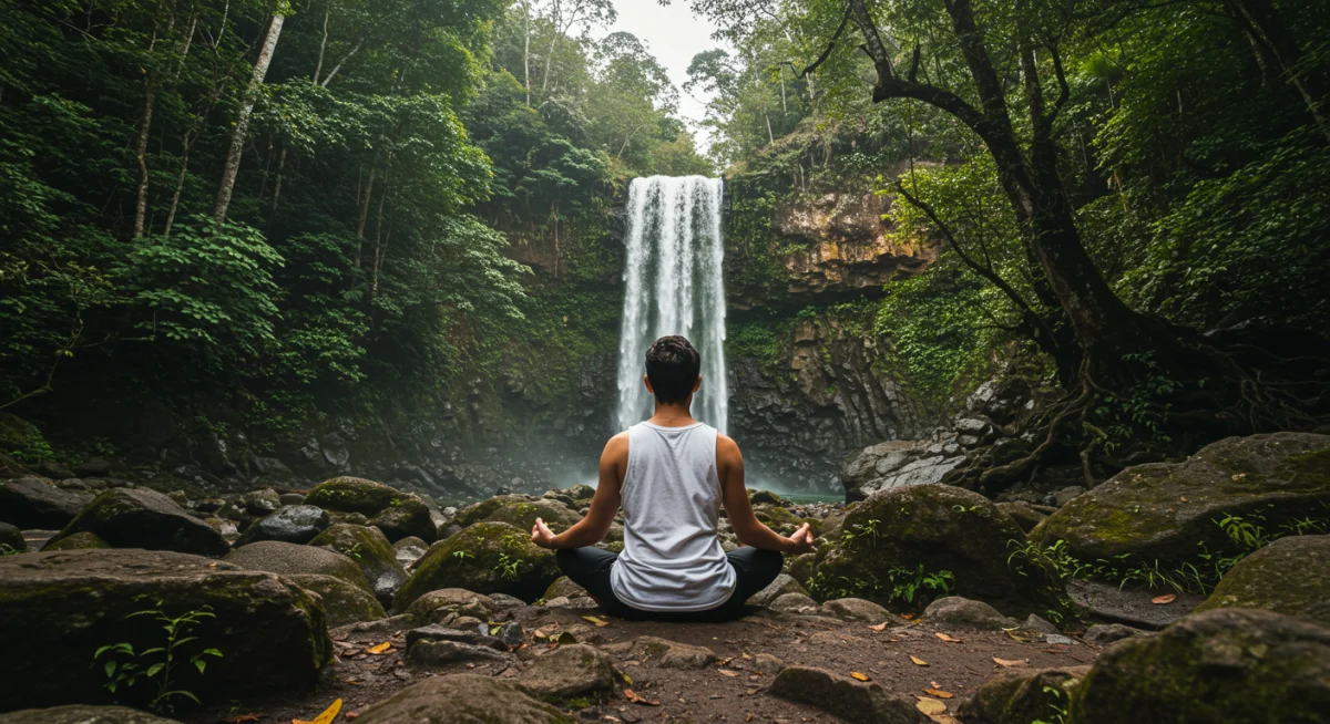 Pessoa meditando em um ambiente natural, representando a prática de mindfulness para o bem-estar.