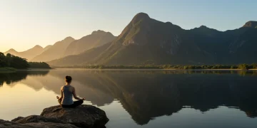 Pessoa meditando em um lago ao nascer do sol, simbolizando a conexão mente-corpo e a busca por equilíbrio.