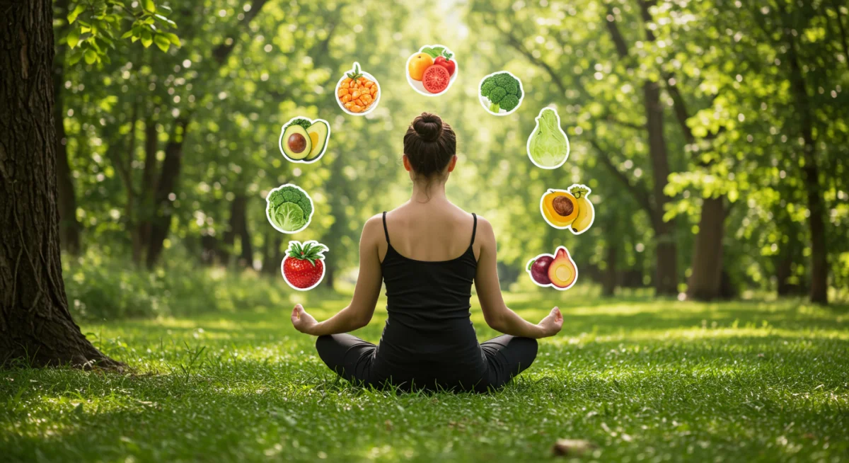 Pessoa meditando em um ambiente natural, simbolizando a conexão entre mente e nutrição.