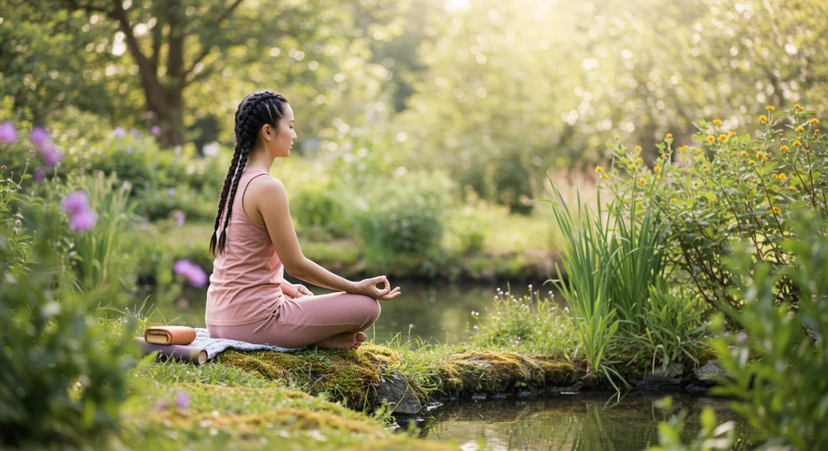 Pessoa meditando em um ambiente natural sereno, transmitindo paz e foco.
