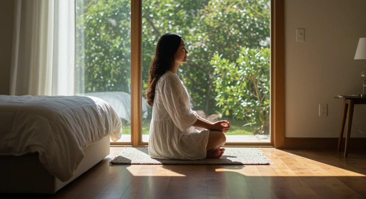Pessoa meditando em um ambiente calmo, representando a conexão entre relaxamento e qualidade do sono.