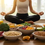 Pessoa meditando com refeição saudável e consciente ao redor, simbolizando bem-estar e redução de ansiedade.