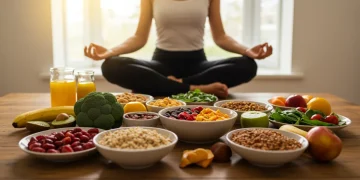 Pessoa meditando com refeição saudável e consciente ao redor, simbolizando bem-estar e redução de ansiedade.