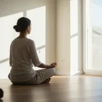 Pessoa meditando em um ambiente tranquilo, simbolizando o gerenciamento do estresse e a busca por equilíbrio mental.