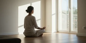 Pessoa meditando em um ambiente tranquilo, simbolizando o gerenciamento do estresse e a busca por equilíbrio mental.
