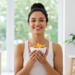 Mulher sorrindo confiante praticando autocuidado, simbolizando aumento de autoestima.