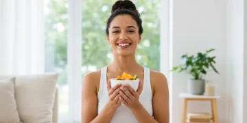 Mulher sorrindo confiante praticando autocuidado, simbolizando aumento de autoestima.