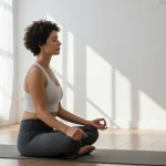 Mulher brasileira meditando tranquilamente em casa, com feições serenas e ambiente calmo.