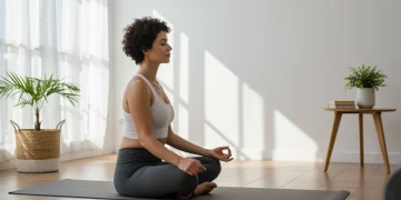 Mulher brasileira meditando tranquilamente em casa, com feições serenas e ambiente calmo.