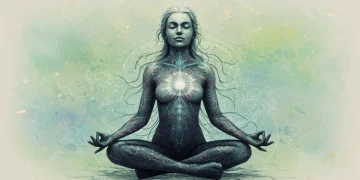 Mulher meditando em posição serena, simbolizando autoconhecimento e equilíbrio mental para 2025.