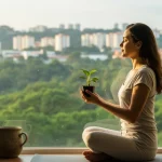 Mulher brasileira meditando com serenidade em casa, rodeada por natureza e luz natural, simbolizando equilíbrio e paz.