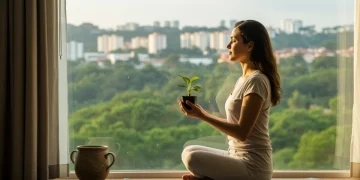 Mulher brasileira meditando com serenidade em casa, rodeada por natureza e luz natural, simbolizando equilíbrio e paz.