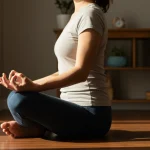 Mulher meditando calmamente em um ambiente tranquilo, simbolizando o gerenciamento de emoções e a busca pelo equilíbrio interior.
