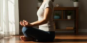 Mulher meditando calmamente em um ambiente tranquilo, simbolizando o gerenciamento de emoções e a busca pelo equilíbrio interior.