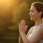 Mulher serena meditando ao amanhecer, emanando gratidão e paz interior, em um cenário natural. Símbolo de saúde mental e bem-estar.