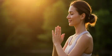 Mulher serena meditando ao amanhecer, emanando gratidão e paz interior, em um cenário natural. Símbolo de saúde mental e bem-estar.